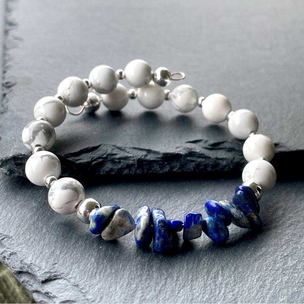 Artisan Natural Lapiz Lazuli And Howlite Gemstone Bracelet Cuff Bangle